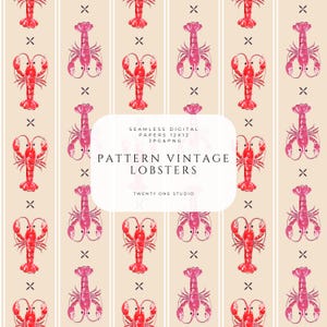 Puede incluir: Patrón de papel digital sin costuras con langostas rojas y rosas sobre un fondo beige con rayas verticales. El texto "PATTERN VINTAGE LOBSTERS" se muestra en un rectángulo blanco.