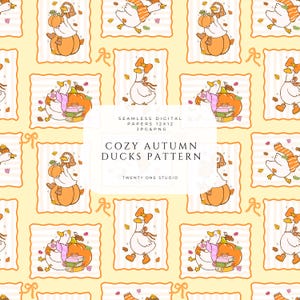 Cozy Autumn Ducks Pattern, seamless fall design with adorable ducks, pumpkins, autumn leaves, bows and cozy vintage frames.