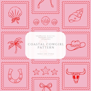 Puede incluir: Un patrón digital sin costuras con un fondo rosa y arte lineal rojo. El diseño presenta conchas marinas, un sombrero de vaquero, una herradura, una palmera y una calavera de toro. El texto dice "Coastal Cowgirl Pattern" y "Twenty One Studio".