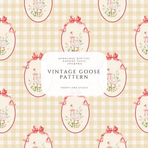 Motif d'oie vintage, design sans couture avec oies encadrées, nœuds roses et vichy pastel, style cottagecore rustique pour les tissus et la décoration.