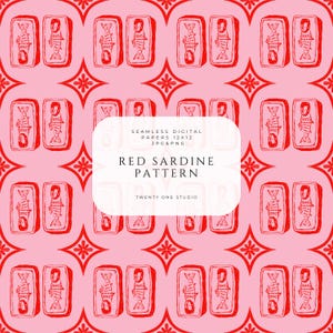 Puede incluir: Patrón digital sin costuras con sardinas rojas en marcos rectangulares y formas de estrella sobre un fondo rosa. El texto "RED SARDINE PATTERN" se muestra en un rectángulo blanco.