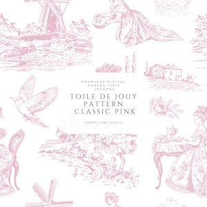 Toile de Jouy Pattern, Classic Pink Scenic Design, Vintage Seamless Print, Elegant French Style, Digital Paper, Fabric Surface Design.