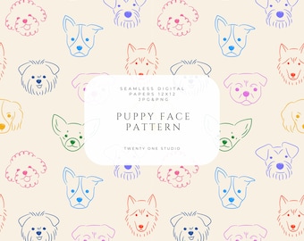 Puppy Face Pattern, Minimal Dog Face Design, Colorful Line Art Pet Pattern, Cute Seamless Dog Print, Digital Paper, Fabric Print.