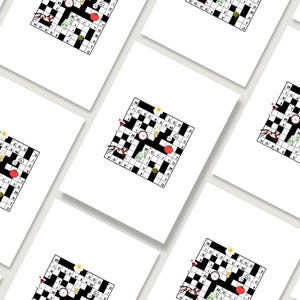 Puede incluir: Una colección de tarjetas blancas con un diseño de crucigrama en blanco y negro. El rompecabezas incluye ilustraciones de un huevo, helado, un caballo y un tomate. La palabra "HORSE" es visible.