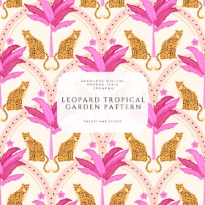 Leopard Tropical Garden Pattern, Seamless Jungle Cat Design, Pink Tropical Leaves & Elegant Arch Motif, Digital Paper, Fabric Print.