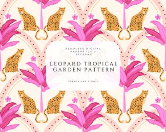 Leopard Tropical Garden Pattern, Seamless Jungle Cat Design, Pink Tropical Leaves & Elegant Arch Motif, Digital Paper, Fabric Print.