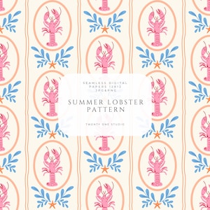 May include: A repeating pattern of pink lobsters in oval frames, interspersed with blue leaves and orange starfish on a cream backdrop. The design includes the text "Summer Lobster Pattern" and "Twenty One Studio".