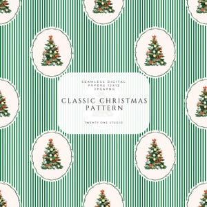 Puede incluir: Patrón digital navideño sin costuras con árboles de Navidad decorados repetidos en marcos ovalados, sobre un fondo de rayas verdes verticales. El texto "CLASSIC CHRISTMAS PATTERN" se muestra en el centro.