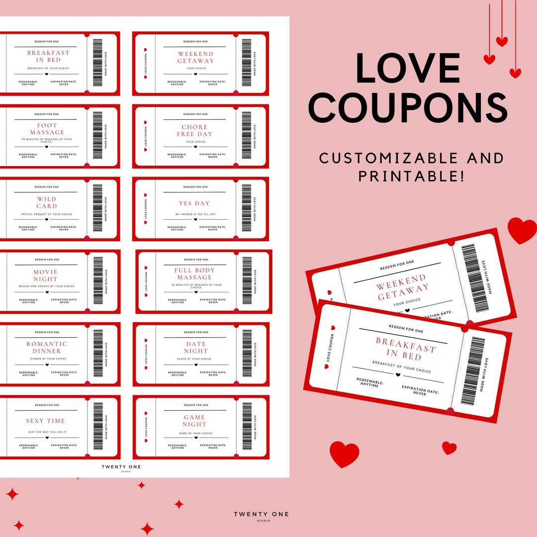 Printable Love Coupons for Her and Him, Customizable Valentine's Day ...