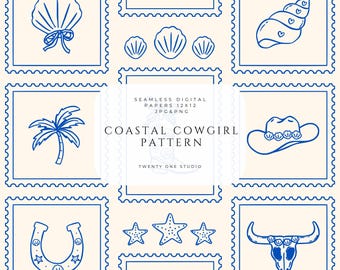 Coastal cowgirl pattern, seamless blue western design, with rodeo icons, bold coastal style, digital paper, fabric print.