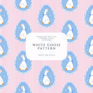 Puede incluir: Patrón digital sin costuras con gansos blancos en marcos ovalados azules con lazos, sobre un fondo de rayas rosas y blancas. El texto "WHITE GOOSE PATTERN" se muestra en el centro.