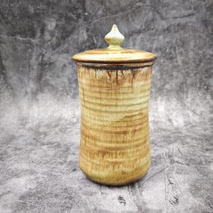 Tarro de almacenamiento con tapa de cerámica británica de estudio vintage, bote de terracota con esmalte de goteo hecho a mano.