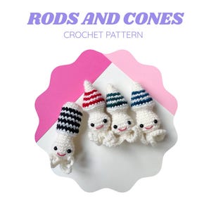 Könnte beinhalten: Häkelanleitung mit vier fröhlichen, tintenfischartigen Kreaturen mit gestreiften Hüten in Schwarz-Weiß, Rot-Weiß, Grün-Weiß und Blau-Weiß. Der Text "RODS AND CONES CROCHET PATTERN" ist über den Kreaturen zu sehen.