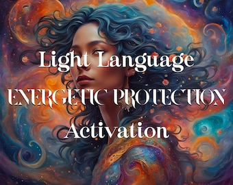 May include: A woman with long blue hair and a colorful background. The text "Light Language Energetic Protection Activation" is written in white letters on the image.