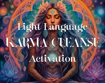 May include: A woman with long dark hair sits in a meditative pose with her hands clasped in her lap. She is wearing a flower crown and a colorful mandala-like design on her chest. The background is a colorful galaxy with stars and swirling colors. The text "Light Language Karma Cleanse Activation" is written in white letters on a black background.
