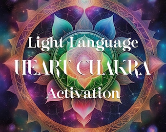 May include: A colorful mandala with a heart chakra activation theme. The image features a rainbow-colored flower with a golden frame and the text "Light Language HEART CHAKRA Activation".