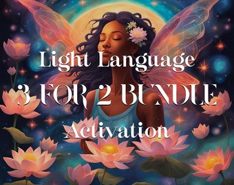 May include: A digital illustration of a woman with wings, surrounded by pink lotus flowers and a starry night sky. The text "Light Language 3 FOR 2 BUNDLE Activation" is written in white letters on the image.