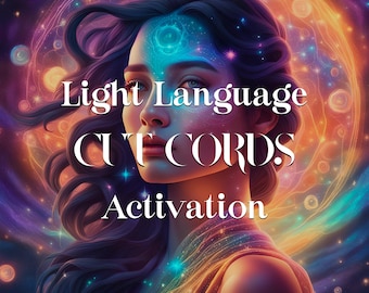 May include: A woman with long dark hair is surrounded by a colorful galaxy. The text "Light Language  Cords Activation" is written in white letters on the image.