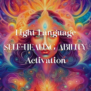 Può includere: Un'opera d'arte digitale vibrante raffigurante il volto di una donna con occhi verdi e labbra rosse, circondata da motivi colorati e vorticosi in tonalità arancioni, viola e blu. Il testo recita "Light Language SELF-HEALING ABILITY Activation."