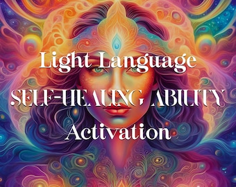 May include: A vibrant digital art piece featuring a woman's face with green eyes and red lips, surrounded by colorful, swirling patterns in shades of orange, purple, and blue. Text reads "Light Language SELF-HEALING ABILITY Activation."