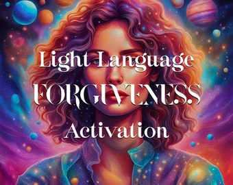 May include: Digital art featuring a woman with curly hair and a starry shirt, set against a cosmic background with planets. The text "Light Language FORGIVENESS Activation" is overlaid on the image, creating a spiritual or metaphysical theme.