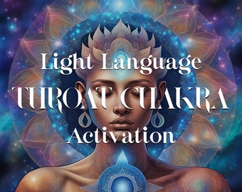 May include: A woman with a crown and a blue light above her forehead. The text "Light Language Throat Chakra Activation" is written in white letters on a blue and purple background.