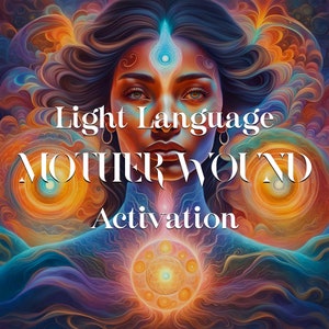 Könnte beinhalten: Ein digitales Kunstwerk, das eine Frau mit einem dritten Auge und einer leuchtenden Kugel in ihrer Brust zeigt. Der Text "Light Language Mother Wound Activation" ist in weiß auf einem bunten Hintergrund geschrieben.