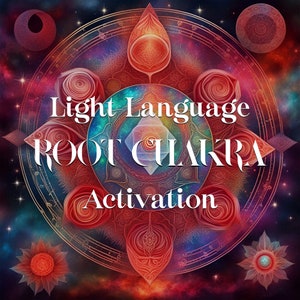 Op de afbeelding: Een kleurrijk mandala met een rood, wit en blauw geometrisch ontwerp in het midden. De mandala wordt omringd door een cirkel van sterren en de tekst "Light Language Root Chakra Activation".