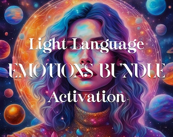 May include: A woman with long purple hair is surrounded by planets and stars. The text "Light Language Emotions Bundle Activation" is written in front of her.