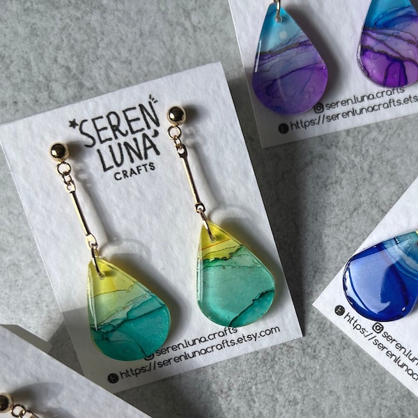 Dangle teardrop earrings, small statement earrings, alcohol ink art jewellery, handmade resin dangle earrings, Stainless steel, gift for her