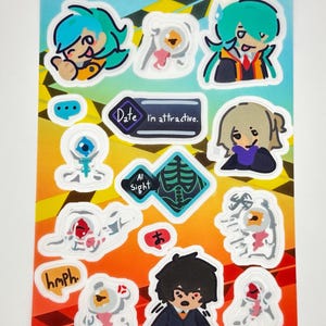 May include: A sheet of colorful stickers featuring anime-style characters and phrases. The stickers include images of people with various hair colors, a skeleton, and the text "Date I'm attractive."