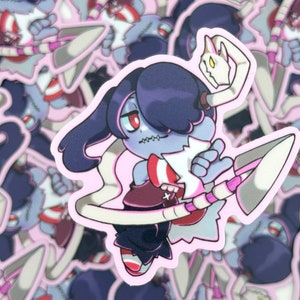 May include: A sticker featuring a cartoon character with dark blue hair, red eyes, and stitched mouth. The character is holding a spear and has a white, bone-like appendage. The sticker has a pink background with a repeating pattern of the same character.