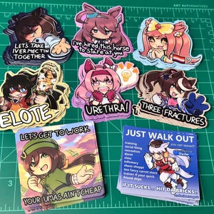 May include: A selection of anime-style stickers with cartoon characters and text. The stickers display phrases such as "Let's take Ivermectin together," "Elote," and "Just walk out." The artwork is bright and detailed, with diverse poses and expressions.