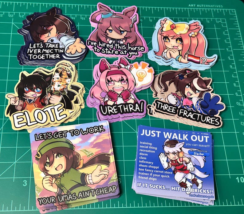 May include: A collection of colorful anime-style stickers with various characters and text. The stickers feature phrases like "Let's take Ivermectin together," "Elote," and "Just walk out." The artwork is vibrant and detailed, with a variety of poses and expressions.