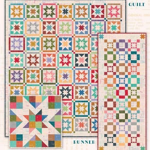 Könnte beinhalten: Ein Quiltmuster mit dem Titel "VICE-VERSA" mit sternförmigen Blöcken in verschiedenen Farben, darunter Rot, Blau und Grün. Das Bild zeigt auch einen Tischläufer/Kissen und einen Tischläufer mit ähnlichen Designs. Entworfen von Lori Holt.