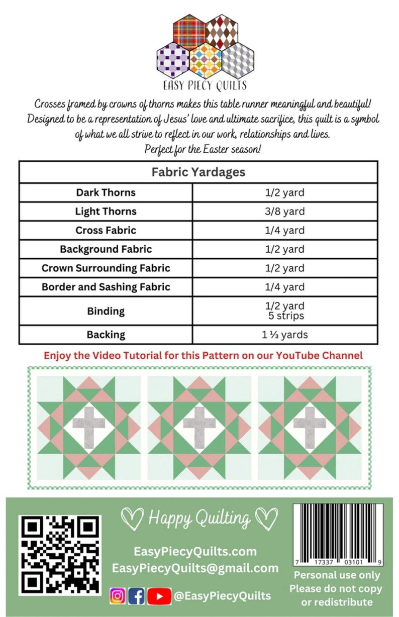 Simple Rugged Patterns Rugged Cross Table Runner Pattern: A Physical Pattern by Easy Piecy ...