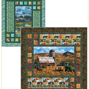 May include: A quilting pattern for a triptych quilt featuring a farm scene with a red barn, a green tractor, and pumpkins. The pattern is titled "Triptych" and "Quilting Renditions" with the tagline "My Design...Your Beautiful Rendition".