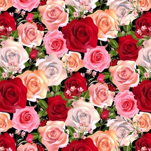 Può includere: Un motivo floreale continuo con rose rosse, rosa, pesca e bianche su sfondo nero. Piccole farfalle e ramoscelli di fiori delicati sono sparsi tra le rose, creando un design ricco e dettagliato.