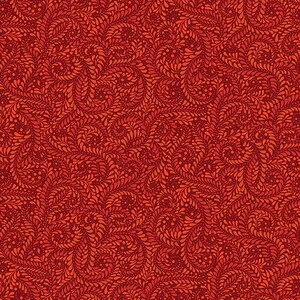May include: A seamless pattern featuring a rich, deep red background with a repeating design of stylized leaves and swirling vines in varying shades of red and orange. The intricate pattern creates a textured, organic look, suitable for fabric or wallpaper.