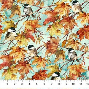 May include: A watercolor pattern featuring a repeating design of brown and black birds perched on branches with orange, yellow, and brown maple leaves against a light blue background.