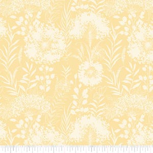 May include: Yellow fabric with a white floral pattern. The design features various flowers and foliage, including detailed outlines of leaves and blooms. The fabric has a ruler along the bottom with the word "INCH" and the brand name "Benartex".
