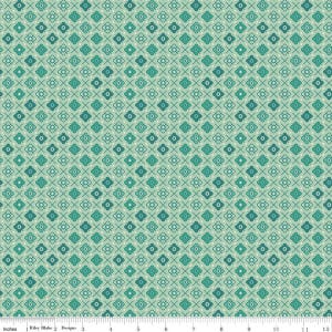 Puede incluir: Una tela estampada con un diseño repetitivo de formas florales y de cruz en color turquesa y turquesa oscuro sobre un fondo turquesa claro. La tela tiene un patrón geométrico y simétrico, adecuado para proyectos de acolchado o artesanía.