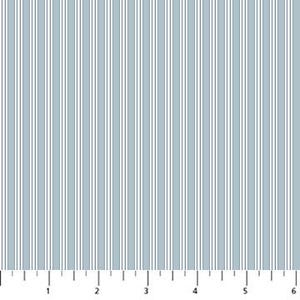 May include: A fabric pattern featuring vertical stripes in light blue and white, with a ruler visible at the bottom edge showing measurements in inches from 1 to 6, indicating the scale of the repeating stripe design on the textile surface.