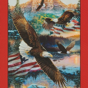 May include: A patriotic artwork featuring bald eagles soaring over a lake with an American flag in the background. The image has a red border and depicts a mountain range and a sunset.