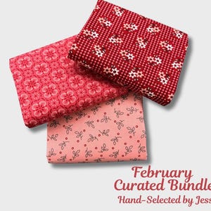 Puede incluir: Tres paquetes de tela doblados en tonos rojos y rosas. El paquete superior es rojo oscuro con estampados florales blancos. El paquete del medio es rojo más claro con un diseño floral. El paquete inferior es rosa claro con un estampado de hojas. El texto dice "February Curated Bundle".