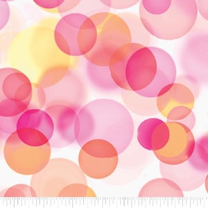 Peut inclure: Tissu avec un motif de cercles translucides superposés dans des tons de rose, d'orange et de jaune sur fond blanc. Le mot "Benartex" est imprimé en bas. La règle indique les mesures en pouces.