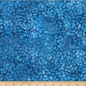 May include: A blue fabric with a repeating pattern of stylized teardrop shapes. The design features varying shades of blue, creating a textured, watercolor effect. The fabric is suitable for quilting, apparel, or home decor projects.