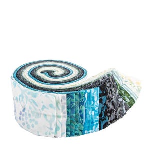 May include: A jelly roll fabric bundle featuring a spiral arrangement of cotton strips. The collection displays a gradient of colours ranging from white and light blue to deep teal, navy, and black, with various abstract and floral batik patterns.