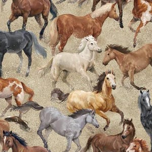 Oasis FabricsのRound Up Horses Beige（1ヤードあたり）