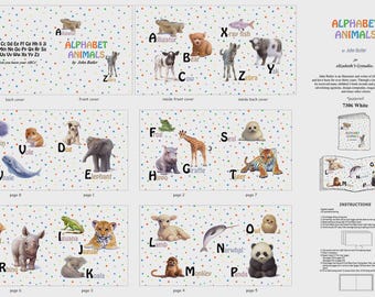 Peut inclure: Un livre pour enfants intitulé "Alphabet Animals" avec des illustrations colorées d'animaux et de l'alphabet. La couverture présente le titre et le nom de l'auteur, avec des images d'animaux comme un ours et un zèbre.